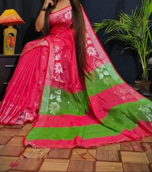 Pink Green Leaf Resham Cotton Handloom Saree From Bengal