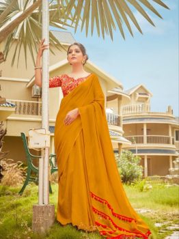 Mustard Yellow Plain Body Pompom Pallu Linen Saree