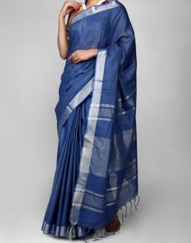 Navy Blue Plain Hand Woven Linen Saree