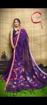 Purple Pure Handloom Linen By Linen Saree From Bengal