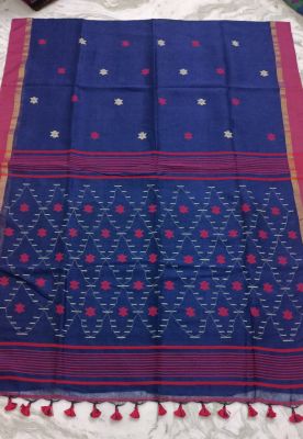 Navy Blue Pure Handloom Linen By Linen Saree From Bengal