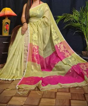 Cream Pink Leaf Resham Cotton Handloom Saree From Bengal
