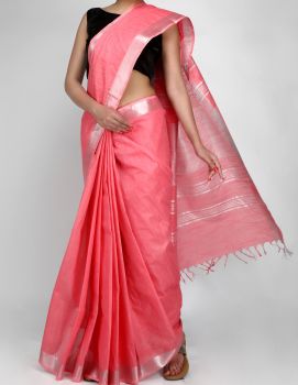 Peach Plain Hand Woven Linen Saree