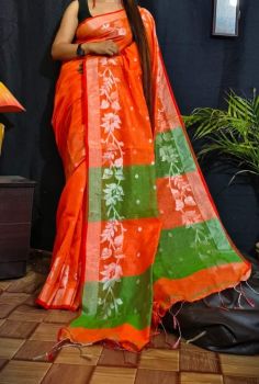 Orange Green Leaf Resham Cotton Handloom Saree From Bengal