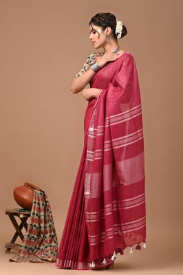 Wine Berry Pure Handloom Linen By Linen Saree From Bengal