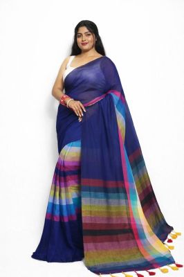Blue Colour Pure Handloom Mulmul Cotton Saree From Bengal