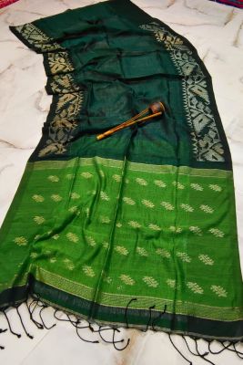 Green Pure Handloom Linen By Linen Saree From Bengal