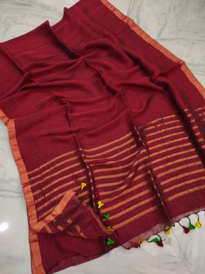 Wine Pure Handloom Linen By Linen Saree From Bengal