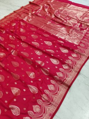 Pink Katan Silk Leaf Design Saree From Bengal