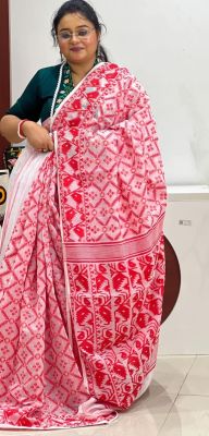 White Pink Pure Handloom Dhakai Jamdani Saree From Bengal