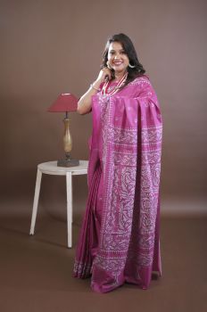 Pink Pure Handloom Katha Stitch Saree From Bengal