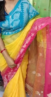 Multi Colour Pure Handloom Linen By Linen Saree From Bengal