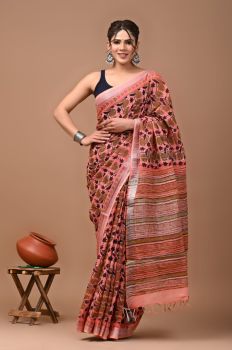 Brown Pure Handloom Linen Cotton Saree From Bihar
