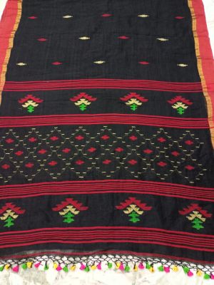 Black Pure Handloom Linen By Linen Saree From Bengal