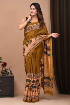 Camel Brown Hand Block Cotton Pure Handloom Flower Design Saree