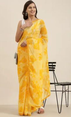Yellow Pure Handloom Georgette Saree From Banaras