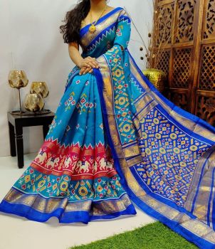 Dark Sky Blue Cotton Chanderi Silk Kalamkari Saree from Banaras