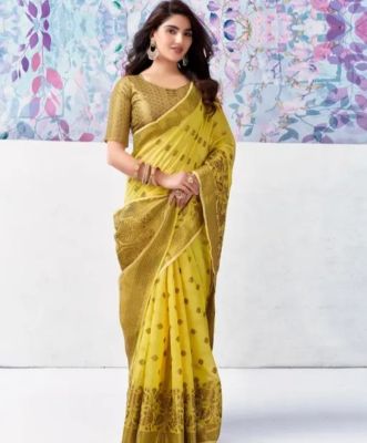 Mustard Yellow Pure Handloom Silk Cotton Saree From Banaras