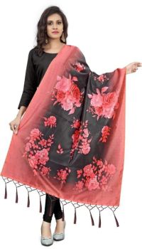 Black And Pink Art Silk Flower Print Dupatta