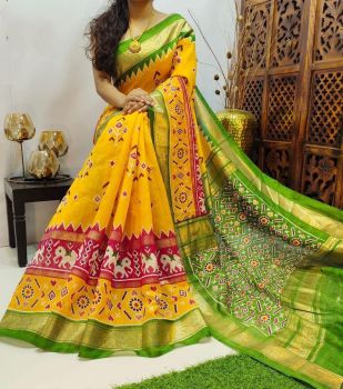 Dark Yellow Cotton Chanderi Silk Kalamkari Saree from Banaras