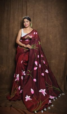 Wine Berry Pure Handloom Cotton Saree From Bengal