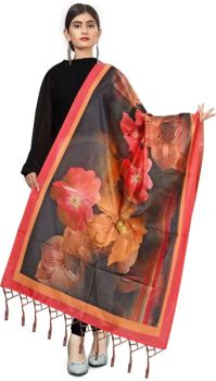 Black Art Silk Flower Print Dupatta