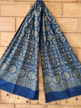 Indigo Blue Ajrakh Hand Block Print Cotton Stole.