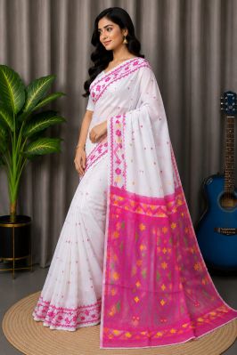 White Pure Handloom Dhakai Jamdani Saree From Bengal