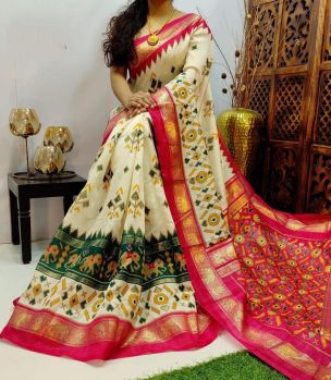 Light Cream Cotton Chanderi Silk Kalamkari Saree from Banaras