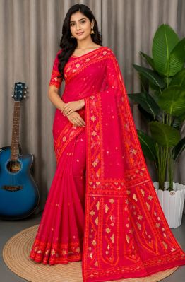 Red Pure Handloom Dhakai Jamdani Saree From Bengal