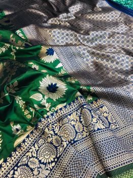 Green Blue Flower Design Zari Work Kanchipuram Silk Saree