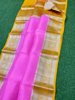 Pink Pure Handloom Organza Saree From Bengal