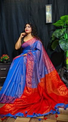 Royal Blue Pure Handloom Tissue Saree From Bengal