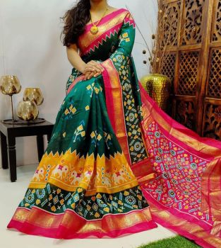 Teal Green Cotton Chanderi Silk Kalamkari Saree from Banaras