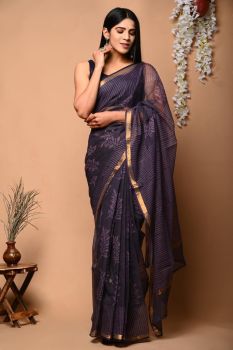 Dark Jungle Green Hand Block Kota Doriya Printed Leaf Design Saree