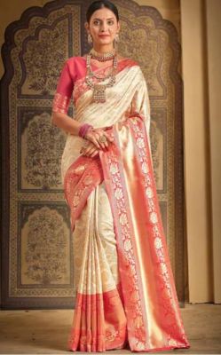 Cream Pure Handloom Silk Saree From Banaras