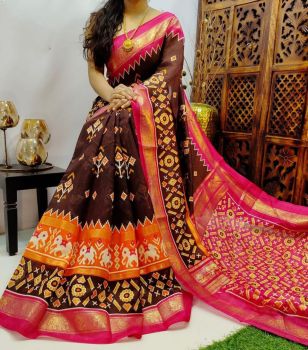 Brown Cotton Chanderi Silk Kalamkari Saree from Banaras