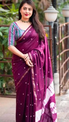 Wine Berry Pure Handloom Cotton Saree From Banaras