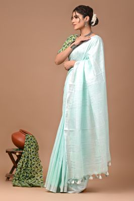 Aqua Blue Pure Handloom Linen By Linen Saree From Bengal