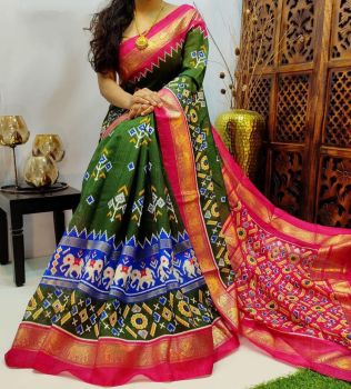 Navy Green Cotton Chanderi Silk Kalamkari Saree from Banaras