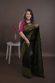 Black Green Pure Handloom Katha Stitch Saree From Bengal