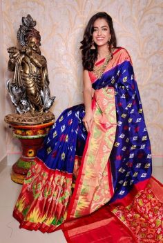 Dark Blue Cotton Chanderi Silk Kalamkari Saree from Banaras