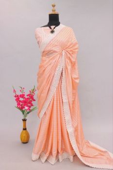 Light Peach Stripes Rubber Print Embroidery Foil Mirror Work Pure Chiffon Saree