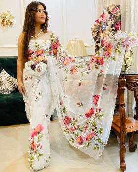 White Flower Hand Print Digital Print Georgette Saree