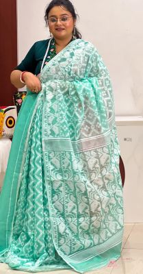 Aqua Blue Pure Handloom Cotton Saree From Bengal