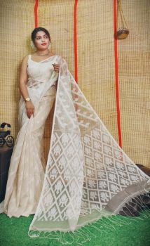 Cream Flower Design Pure Handloom Resham Cotton Saree