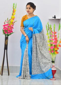 Aqua Blue Pure Handloom Khesh Cotton Saree From Bengal