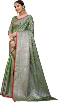 Olive Green Pure Handloom Banarasi Silk Saree From Banaras