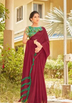Magenta Plain Body Pompom Pallu Linen Saree