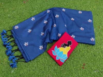 Navy Blue Pure Handloom Cotton Saree From Bengal